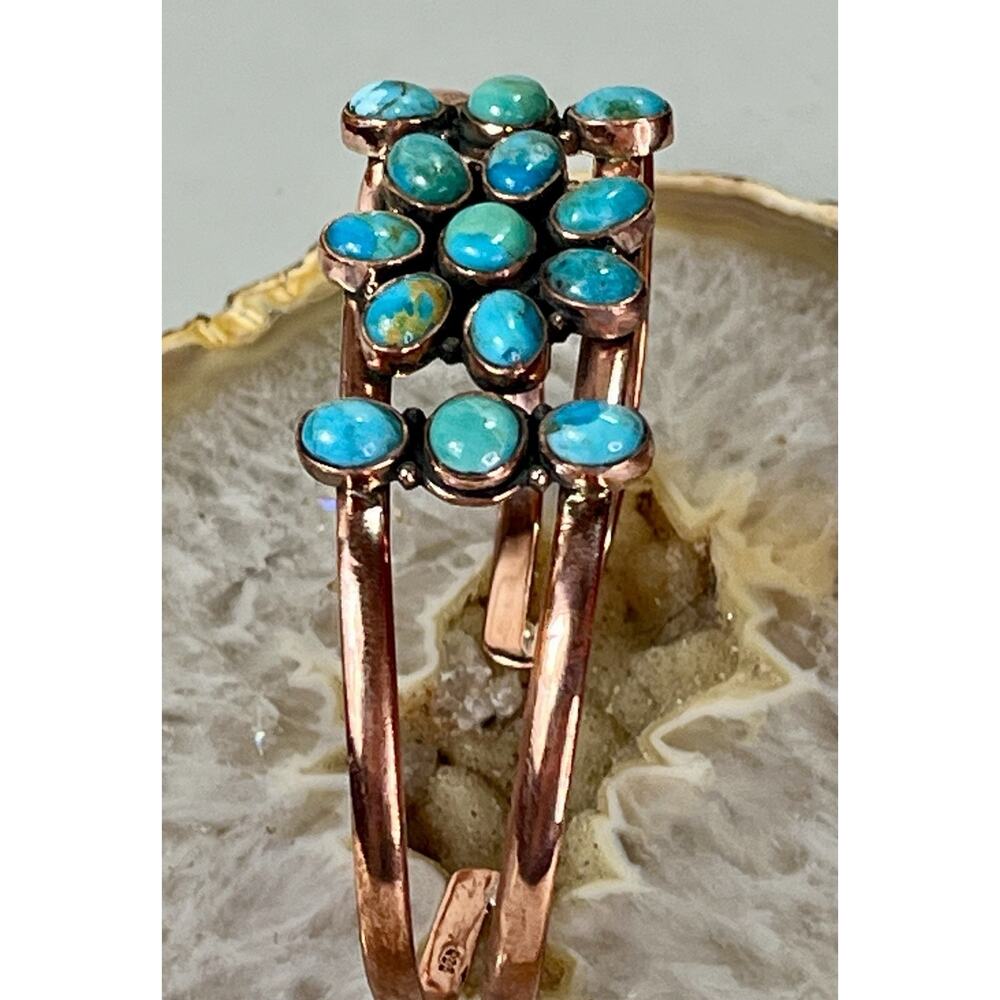 Southwestern Copper Kingman Turquoise Cluster Cuff Bracelet Handmade Statement - Picture 3 of 14